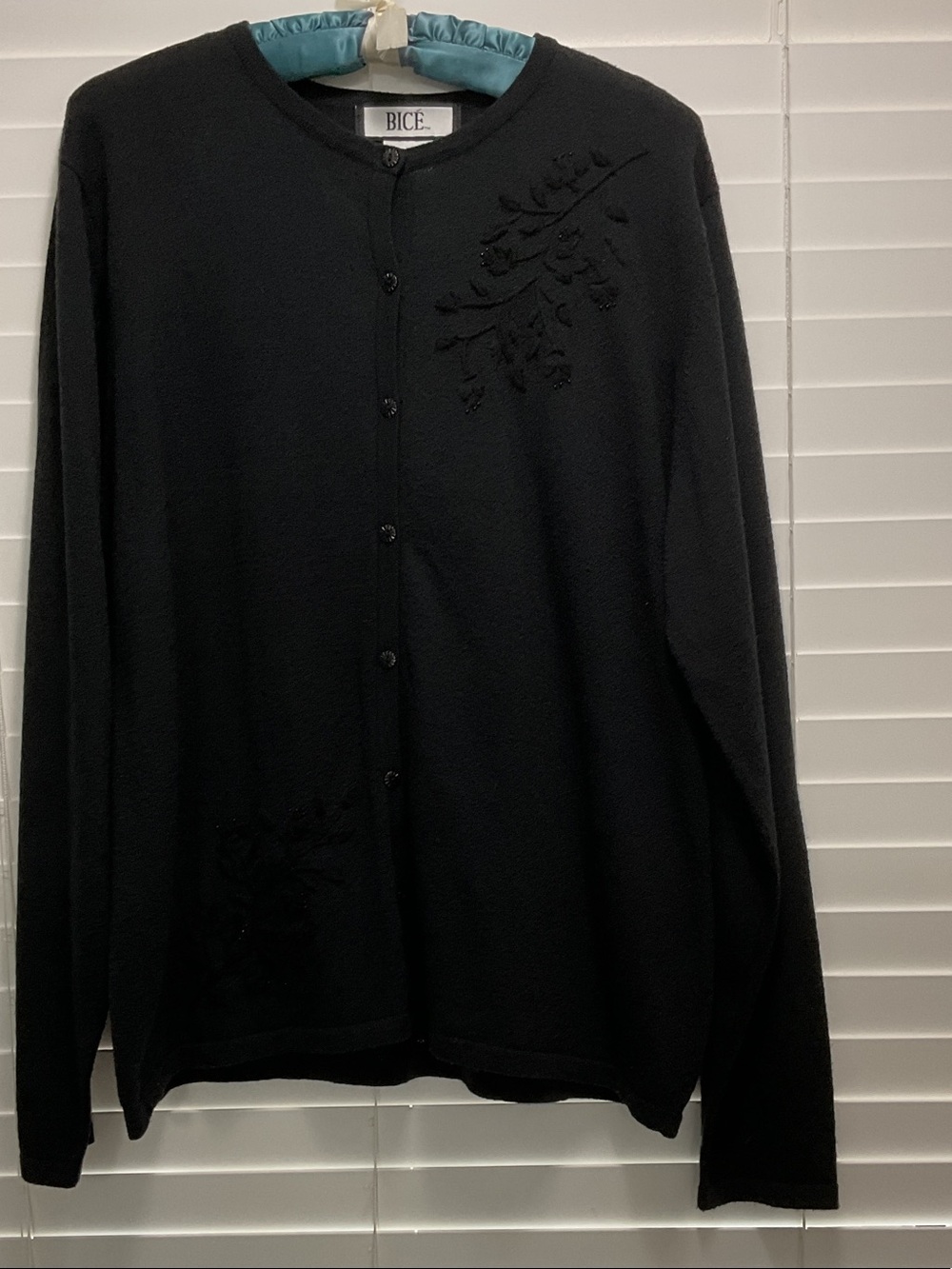 BICE Black Women's Button-Front Cardigan with Subtle Floral Embroidery & beads